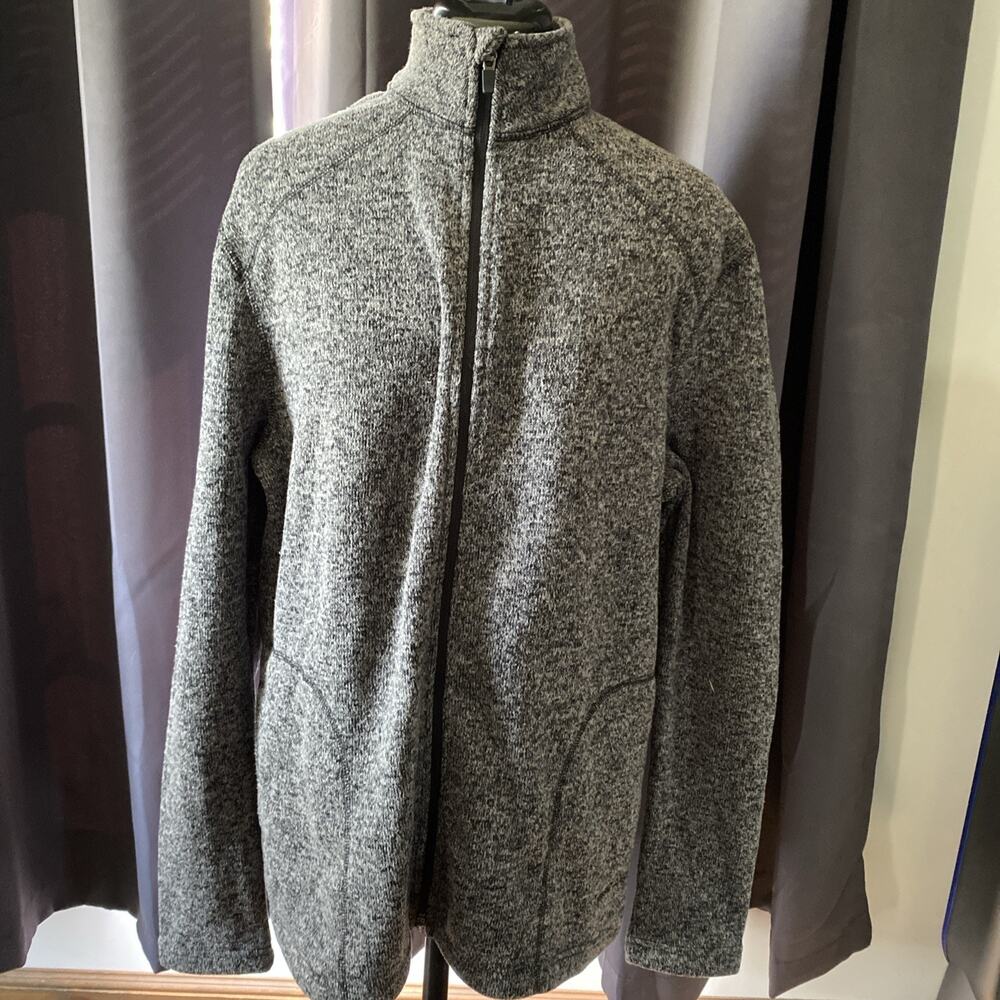 Eddie Bauer L full-zip sweater jacket mock neck gray black tweed knit pockets